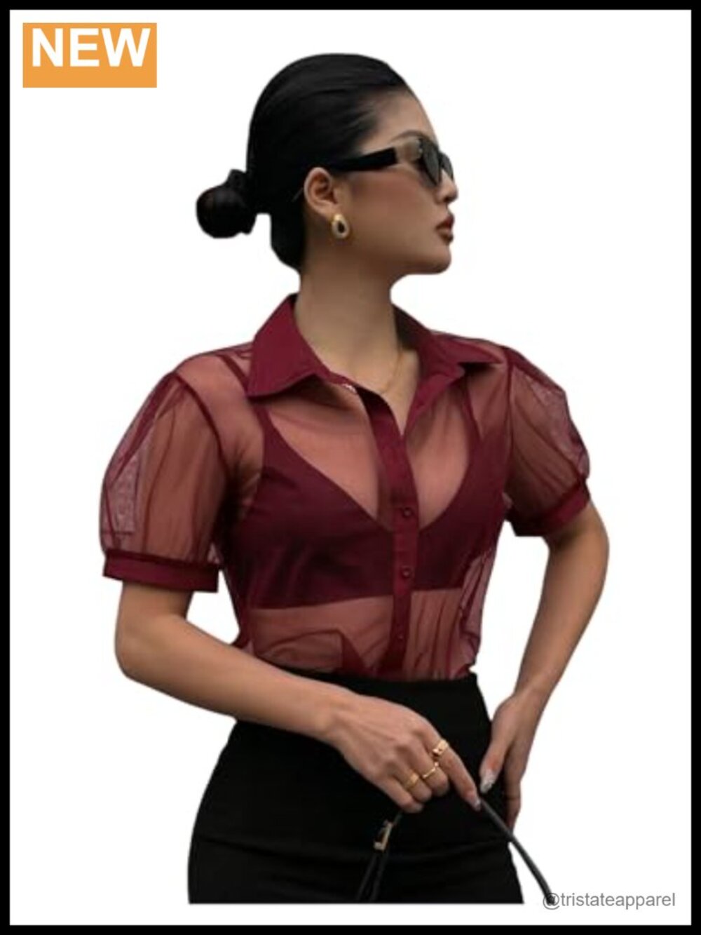 Sheer Mesh Plaid Button Down Crop Top Puff Short Sleeve Blouse Women's